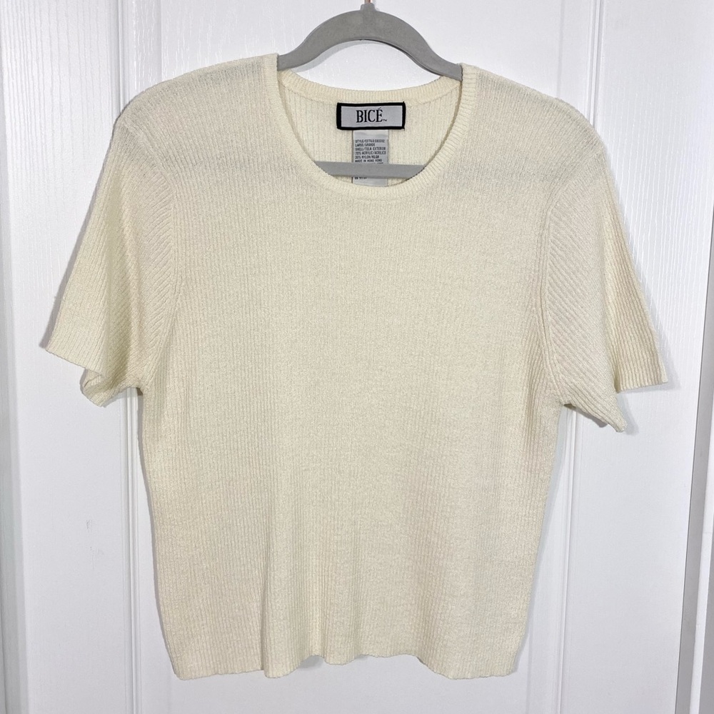 90s BICE Ribbed Knit Short Sleeve Cropped Sweater HONG KONG MADE Vintage Cream L